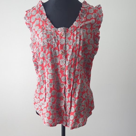 Anthropologie Tops - Anthropologie Pink and White Ruffled Sleeveless Blouse Size L